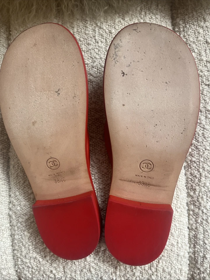 Chanel Chanclas Tanga Cuero/Goma Sandalias Talla 38 1/2 Rojo Auténtico 100% Foto 2 de 4