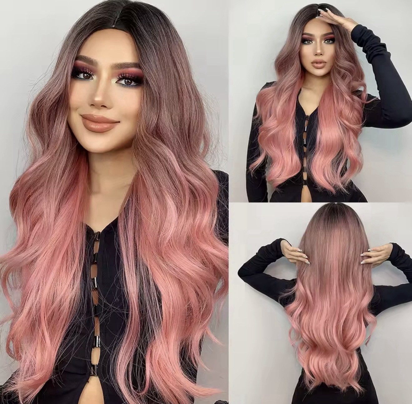 Perruque rose synthétique 65cm avec fibres ondulées sans nœuds