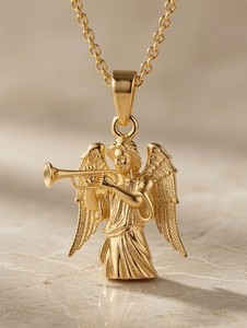 Authentic Angel Playing Trumpet Pendant Gold Plated 925 Sterling Silver Detailed Necklace
