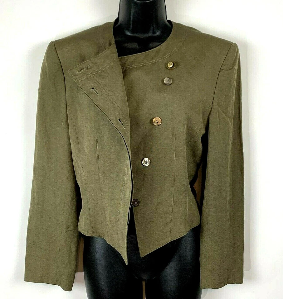 Louis Feraud винтажный ассиметричный куртка 4 оливковый военный шелк льняной Западной Германии - Изображение 3 из 4