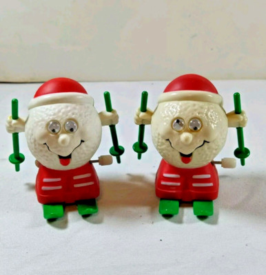 2 Vtg RUSS BERRIE Wind Up Skiing Snowball Works On Smooth Surface Golf Ball Toy 