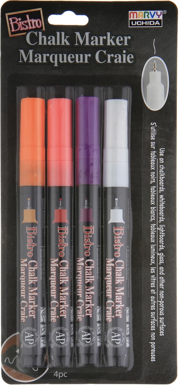 Bistro Chalk Marker Fine Point Set 4/Pkg-Fluorescent Violet, Orange, Red & Whit