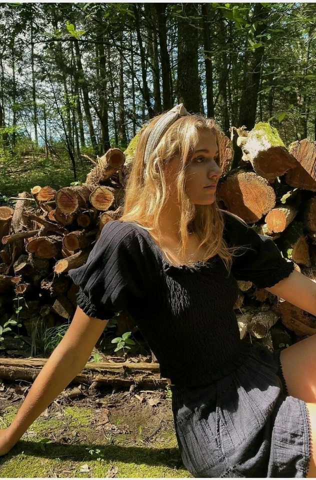 Free People Blouse Oh Hey Hey Puff Sleeve Solid Top, Black, X-Small, RRP $58