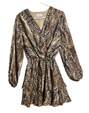 Adrienne Snake Skin Print Dress Balloon Sleeves Black Brown Animal Print Medium