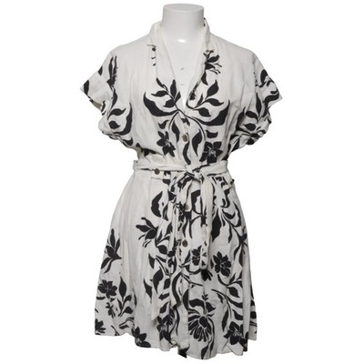 Zara, Blusenkleid, Größe: L, Weiß/Schwarz, Leinen/Viskose, Blumen, Damen #yyB
