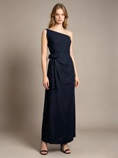 NWT Farm Rio Linen Blend Black One Shoulder Bow Smocked Wrap Maxi Dress Sz XS