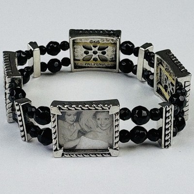 NEW Photo Charm Bracelet Silver Frames Black Jet Beads Stretch Mothers Day Gift