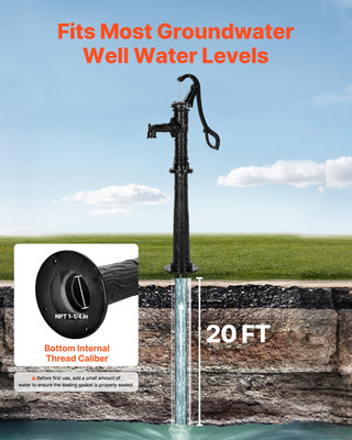 VEVOR Antique Cast Iron Hand Water Pump, 20ft Max Lift, w/Base, Black