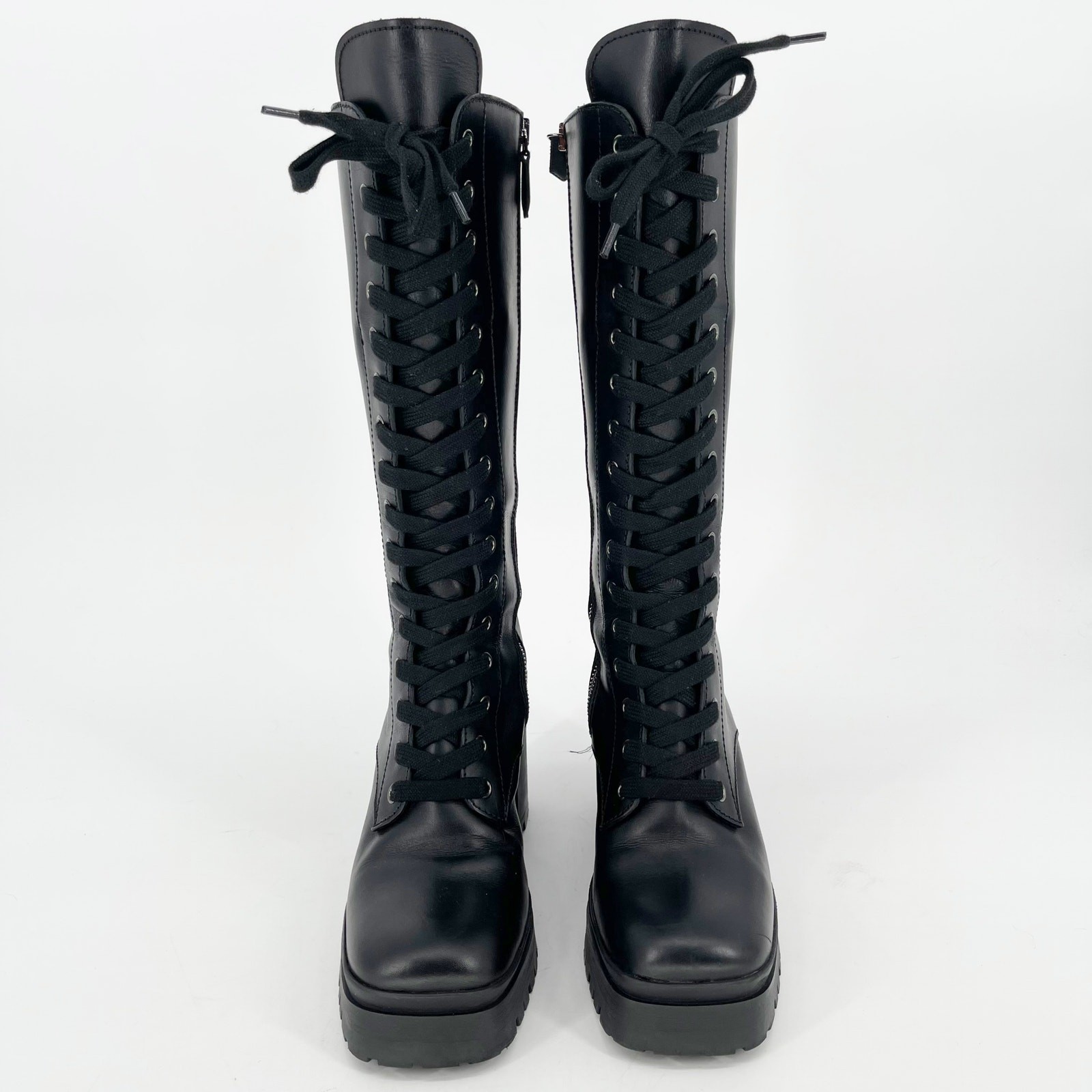 SAOLA Stivali Miu Miu neri da combattimento militari punta quadrata tacco grosso blocco suola a strappo IT 37 5