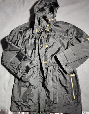 Rain Jacket Women Black Windbreaker Zip Button Up Hooded Unknown Size Unbranded
