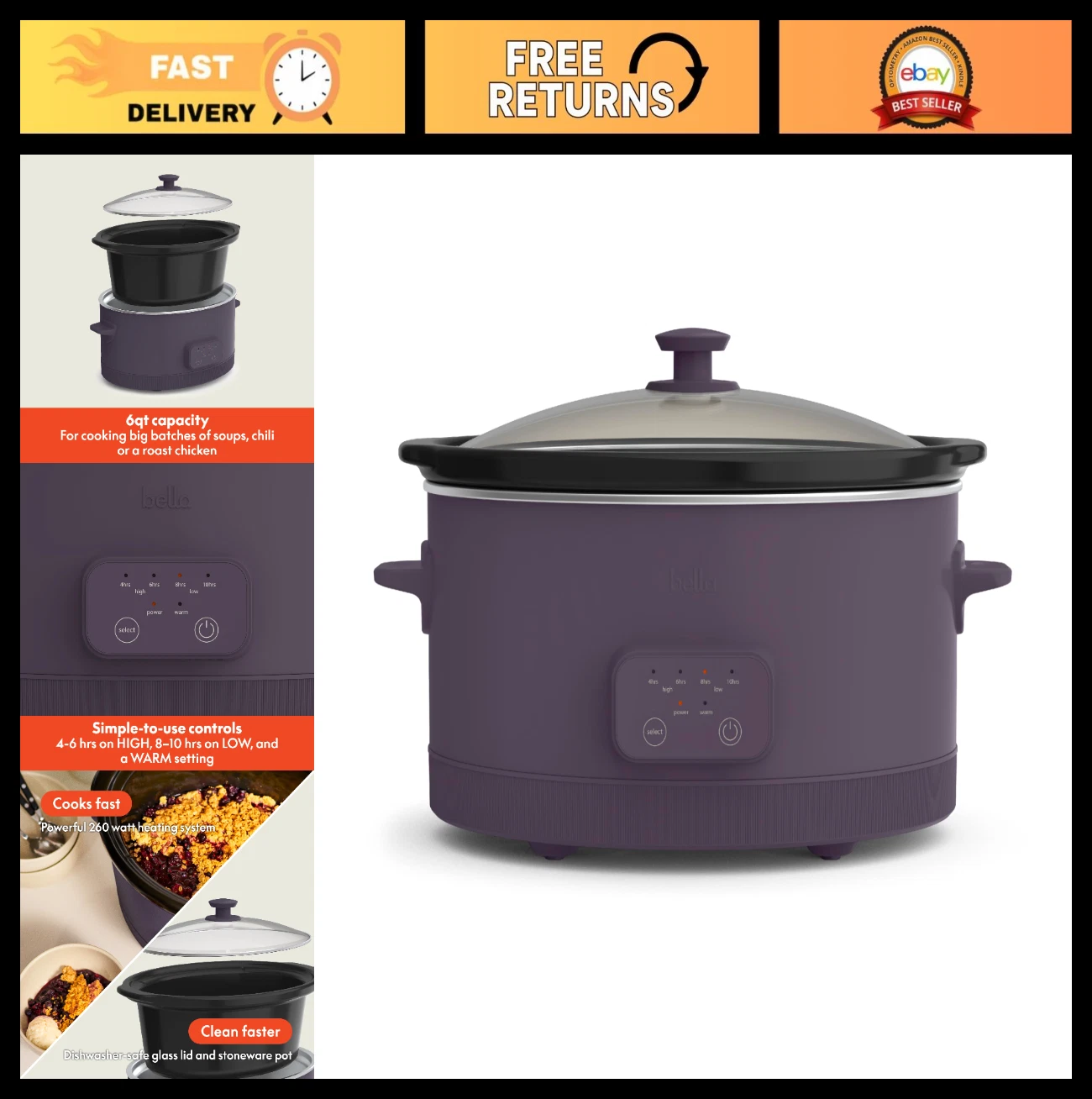 6.0 Qt Programmable Slow Cooker - Ceramic Nonstick, Adjustable Temp, Dishwasher