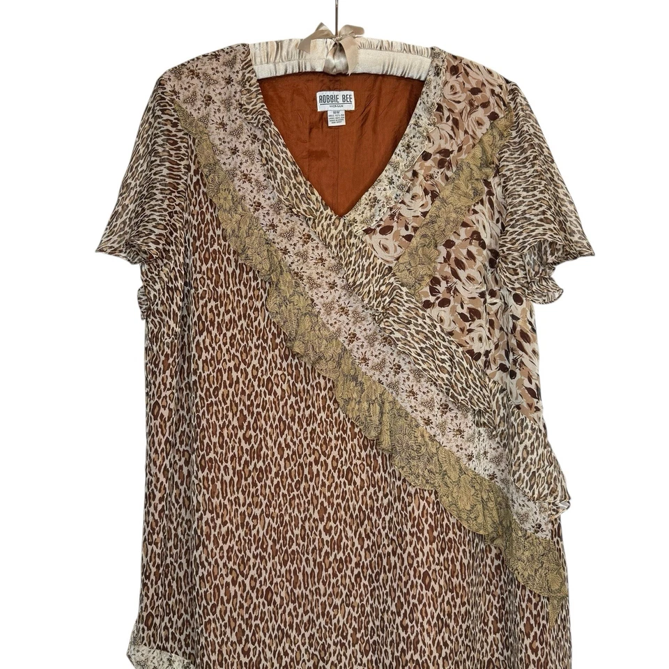 Robbie Bee Vintage Y2K 100% Silk Leopard Print Floral Ruffled Dress Size 18W 2X - Image 3 of 4