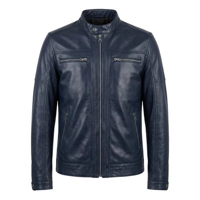Men's Genuine Lambskin Leather Blue Cafe Racer Motorcycle Biker Zip Jacket Coat