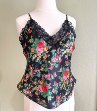 size S vintage Victorias Secret Black Floral Satin Camisole gold label cami tank