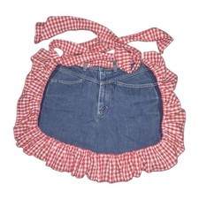 Handmade Upcycled Denim Waist Apron Red Gingham Ruffle Country Kitchen One Size