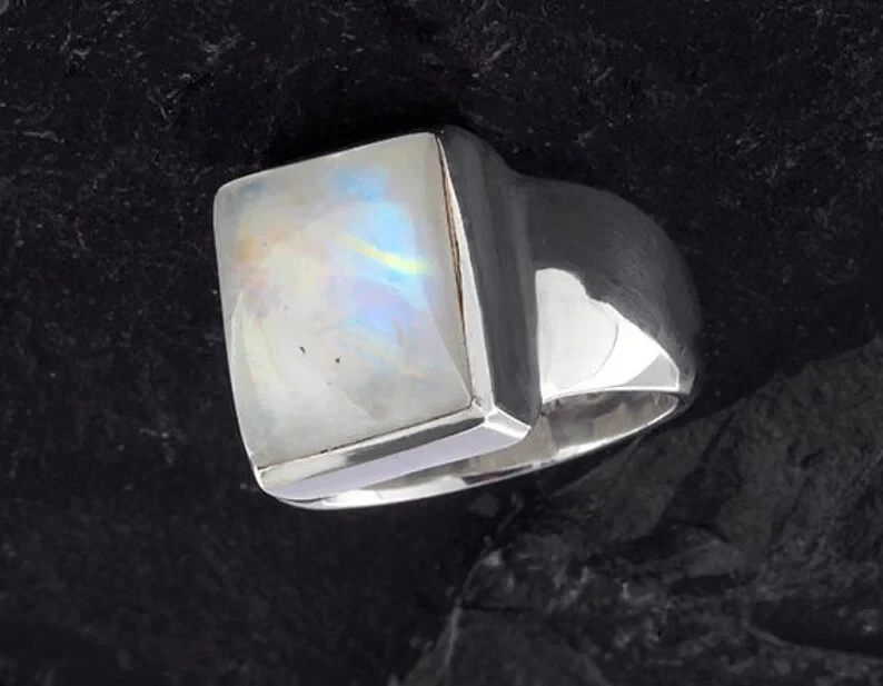 Anillo de piedras preciosas blancas de luna para hombre y mujer en plata de ley maciza 925 Foto 4 de 4