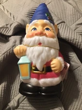Christmas Table Top Gnome In Blue Hat And Holly 11 Inch Blow Mold Lights Up