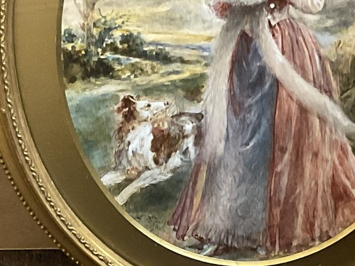 Antique Oval Gilt Framed Watercolour Painting Of Young Lady And Dog C1910 - Picture 5 of 7