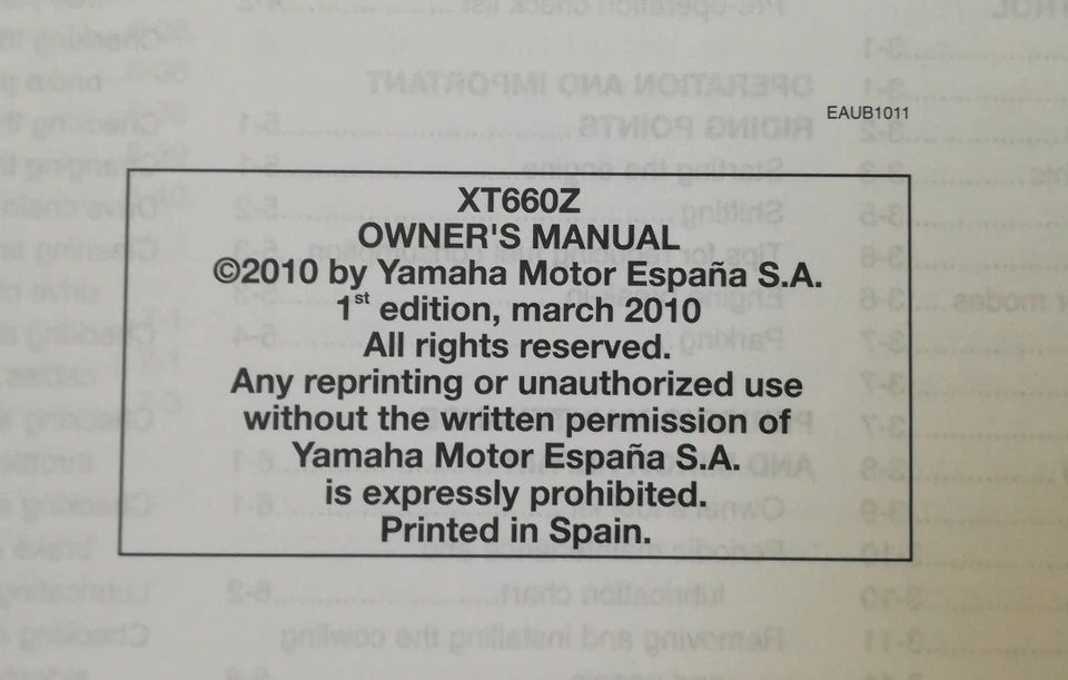 YAMAHA XT660 TENERE OWNER'S MANUAL 2010   11D-F8199-E1       (D68) - Image 2 of 2