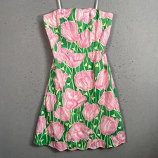 Lilly Pulitzer Strapless Tulip Print Dress Womens 4 Green & Pink Cotton Blend