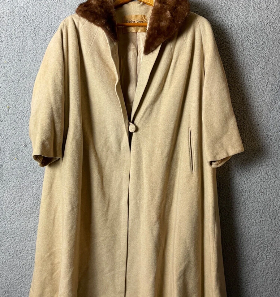 Vintage Franklin Simon Cashmere Coat M/L Womens Beige Mink Collar VTG - Image 2 of 4