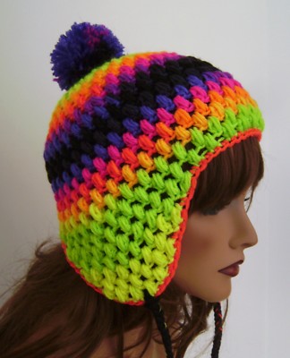 BRIGHT MULTI COLOR AVIATOR EARFLAP HAT PERUVIAN STYLE CAP BOHO SNOOD BEANIE