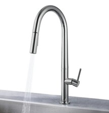 AKDY Deck Mount Gooseneck Pull Down Sprayer Kitchen Faucet-Polished Chrome