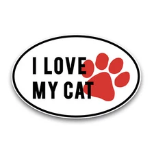 I Love My Cat Black and White with Red Paw Print Oval Magnet Decal, 4x6 Inches