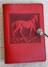 Oberon Design Leather Journal Cover 6" x 9" STANDING HORSE in RED