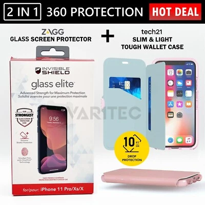 Zagg Glass Screen Protector + Tech21 Wallet Flip Case Cover for iPhone X XS 10 - Image 1 of 4