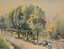 Vintage impressionist watercolor painting park landscape