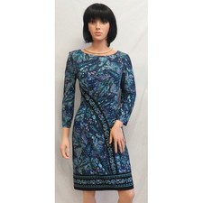 LESLIE FAY Green Blue Paisley Print Stretch 3/4 Sleeve Dress 6