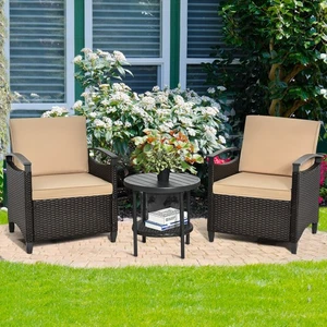 3PCS Outdoor Wicker Bistro Set Patio Conversation Furniture Set w/ Cushions