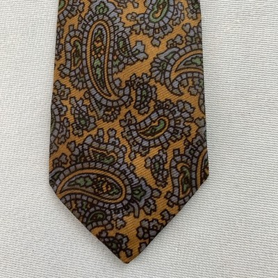 Vtg 60s Skinny Tie Atomic MCM Mod Art Deco Paisley Green Tan Blue Slim 2.4x54''