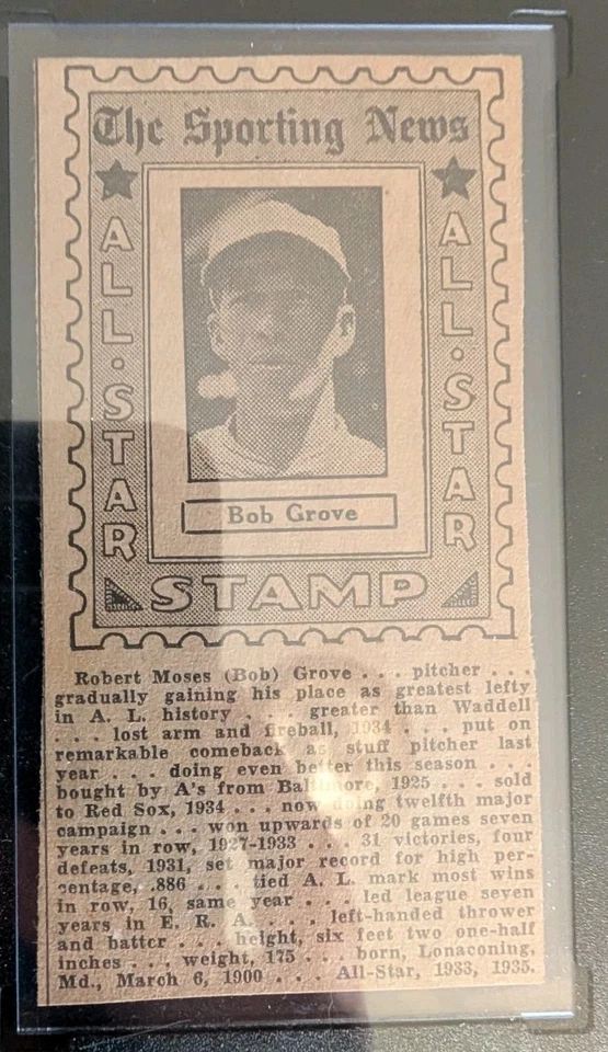 1936 Sporting News Sport Stamp Bob Grove Lefty Grove SGC 2.5 One Higher - Image 3 of 4