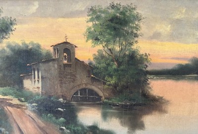 Öl Auf Leinwand XIX. Signiert Darstellt Eine Flusslandschaft Romanische Kirche