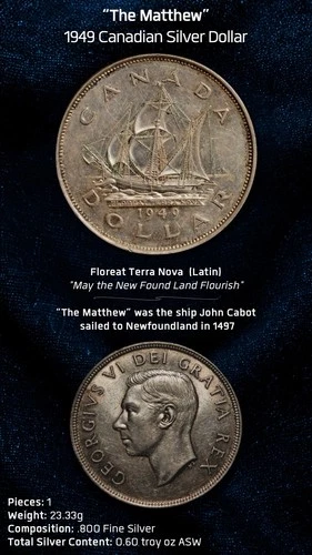 1949 Canadian Silver 'Newfoundland' Dollar “The Matthew" Rare Commemorative Coin