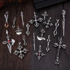 Tibetan Vajra Dorje & Phurba Pendant, S925 Silver, Men's Buddhist Amulet Charm