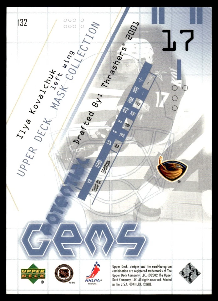 2001-02 Upper Deck Mask Collection Potential Gems Ilya Kovalchuk RC /1500 #132 - Image 2 of 2