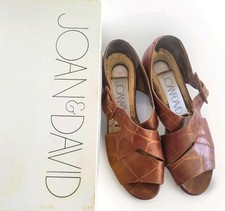 Joan David Womens 7 Brown Leather Strappy Sandal Flats Shoes Croc Pattern