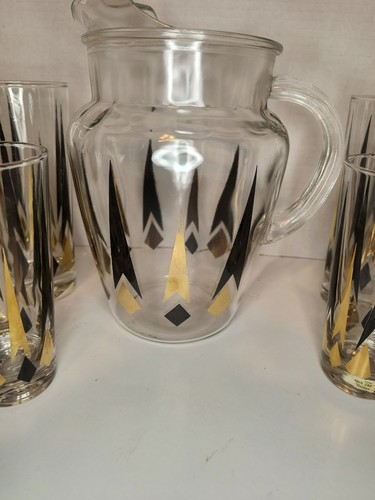 Vtg Golden Peaks Tall Glass Anchor Hocking Atomic Arrow Glasses And Pitcher 7pc - Picture 2 of 15