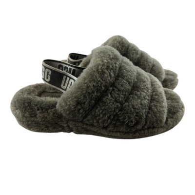 UGG Fluff Yeah Slippers Womens 7 Light Green Shearling Slingback Slip On Logo