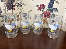 Vintage Libby Country Goose Blue Ribbon Bow 16 oz. Tumblers Glasses 4 Count