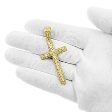 10K Yellow Gold Nugget Cross Pendant Religious Charm 2.4 inch