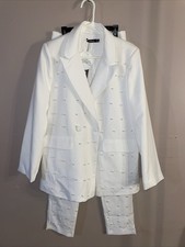 NWT Boohoo White Pearl Beaded Tailored Blazer and Trouser Coordinate Suit Sz 10