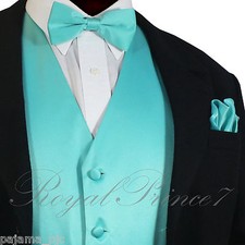 Men's Turquoise Tuxedo Suit Dress Vest Waistcoat  Straight Cut Bowtie  Hanky