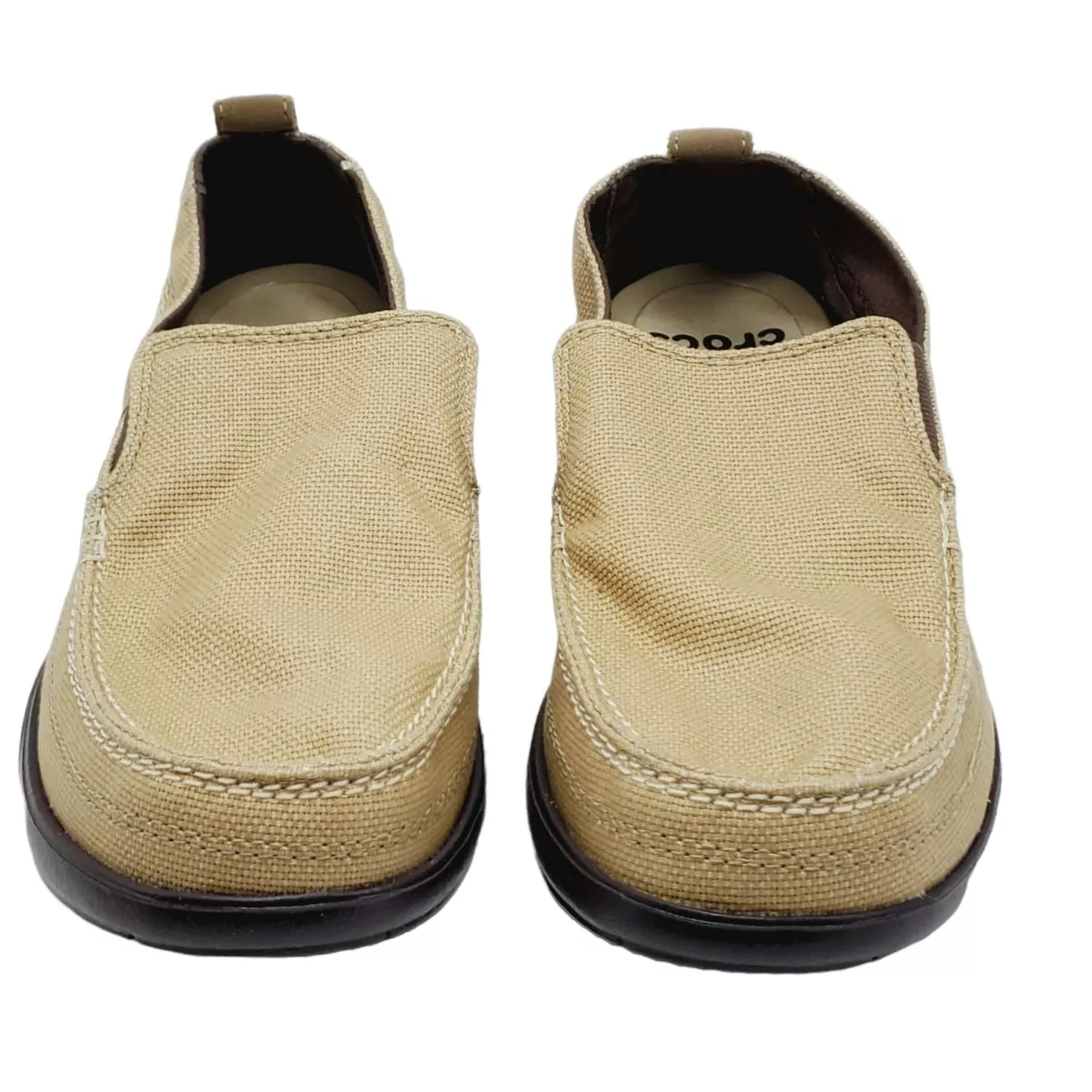 Crocs Mens Size 7 Walu Canvas Slip On Loafers Boat Shoes 11270 Khaki Beige Tan