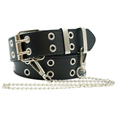 Gothic Women's Belts with Silver Chain Punk Double Eyelet Faux
