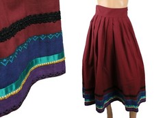 Prairie Girl Skirt S Vintage Dark Burgundy Red Striped Pleated Peasant Costume