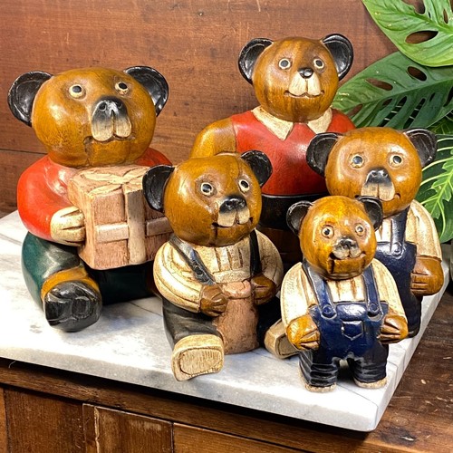 Hand Carved Wooden Bear Vintage Teak 5pc Figurine Set ~ Hand Painted